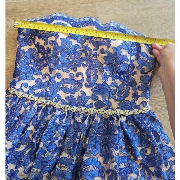 Lace dress formal size 7 Jodi Christopher  rhinestones blue strapless - Picture 4 of 14